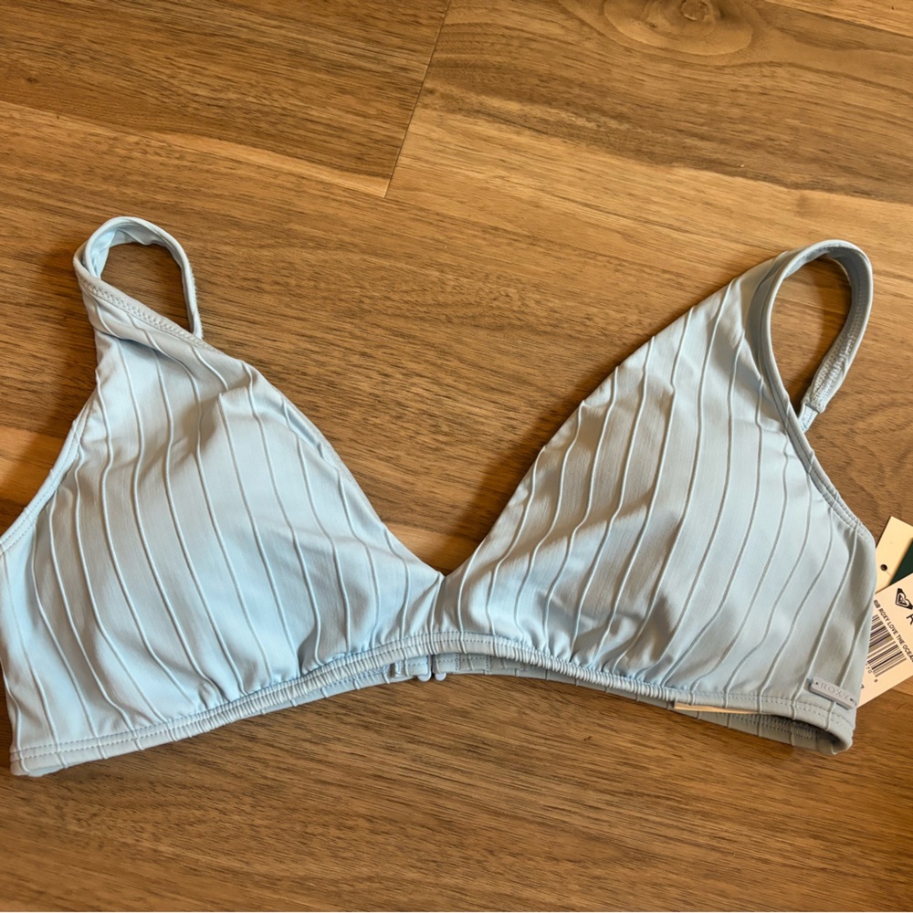 Roxy Baby Blue Ribbed Love the Oceana V-Neck Bikini Swim Top, US XLarge